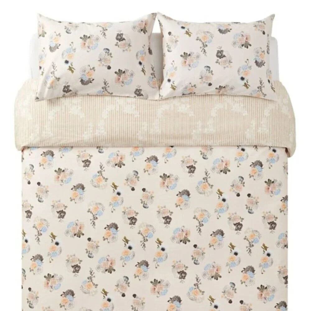 Christine Dovey Queen Vintage Floral Duvet Cover Set Off White Cotton Pastel